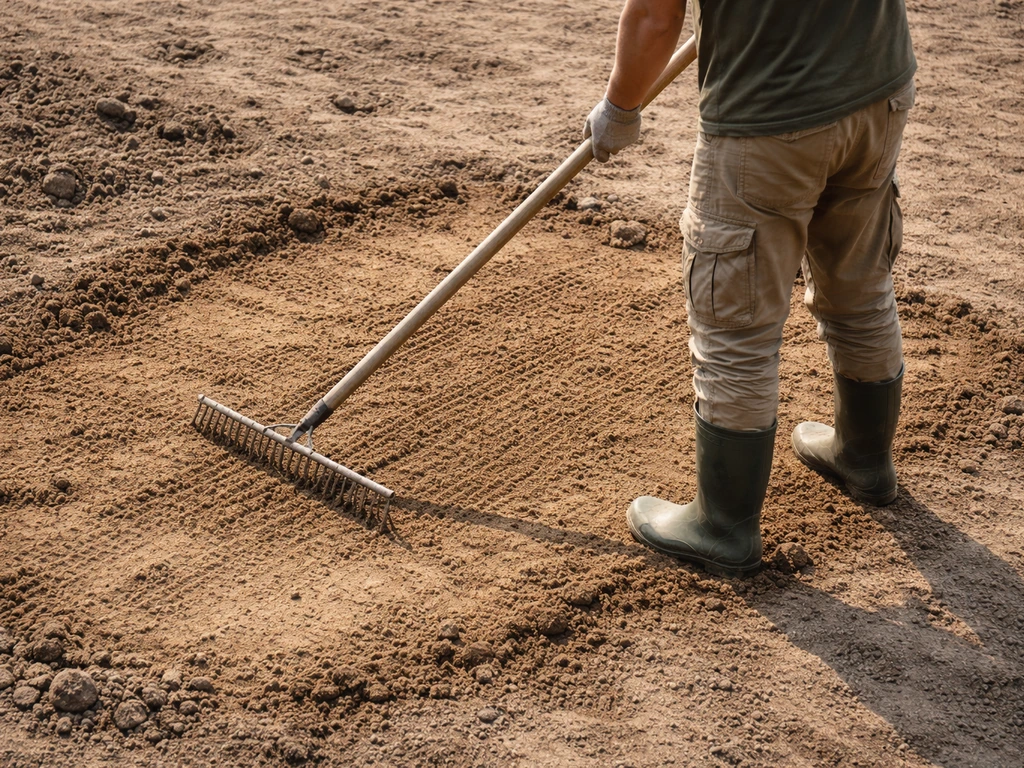 Anonieme tuinier harkt zand en teelaarde in een kale tuinbodem tot een vlakke toplaag.