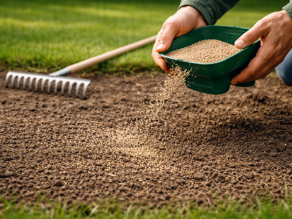 Iemand strooit graszaad op een gazon, met lichte inhark-actie na het zaaien