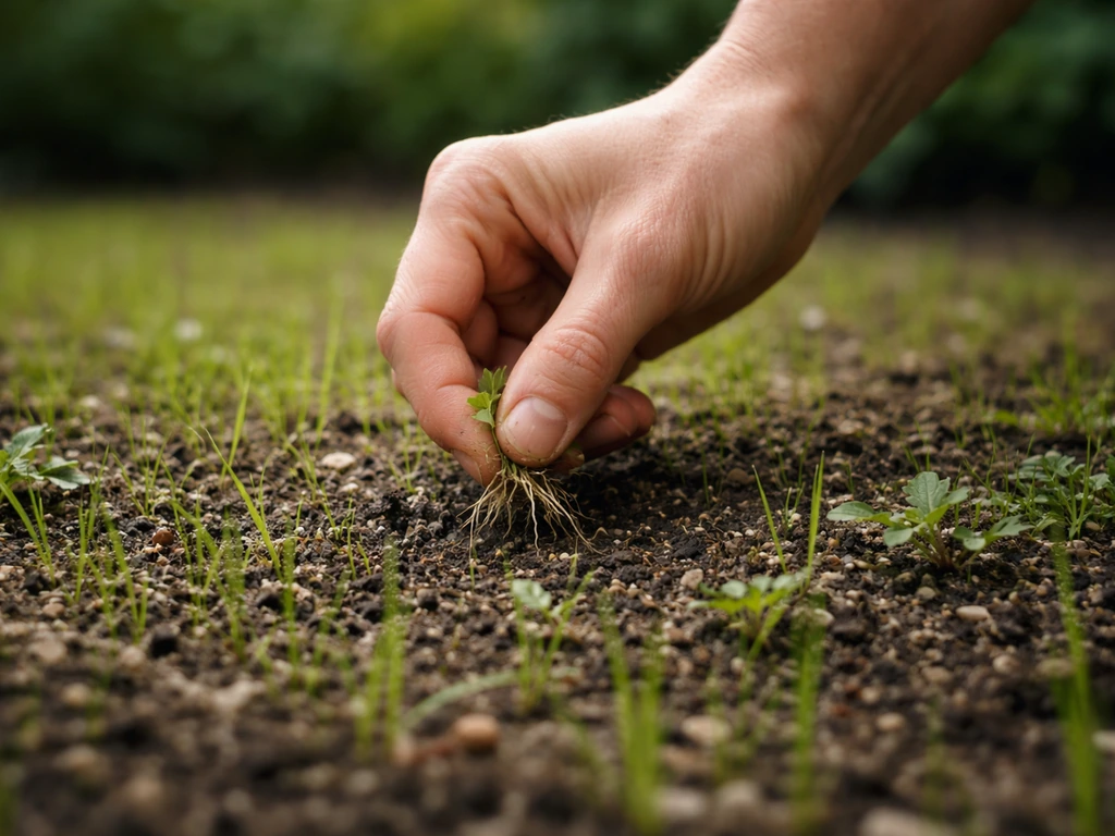 Hand die kleine onkruiden verwijdert uit net opgekomen gras met jonge graskiemen in een tuin