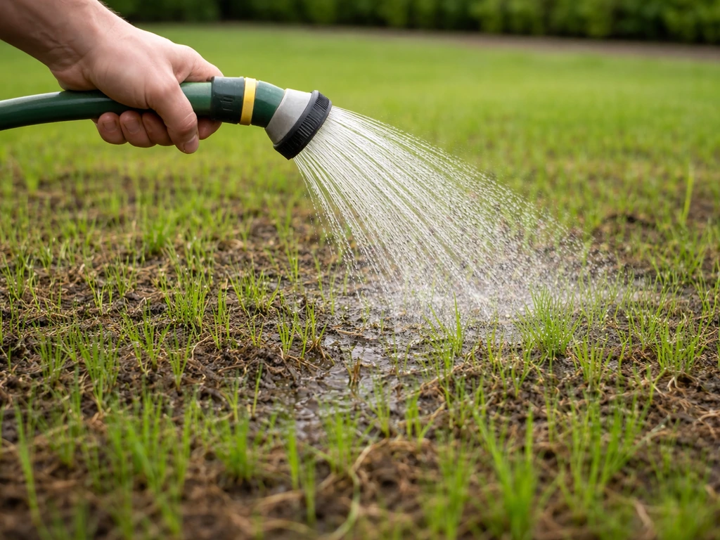 Tuiniergieter met water op herstellend gazon, verse grasgroei zichtbaar; later netjes maaibeeld op achtergrond.