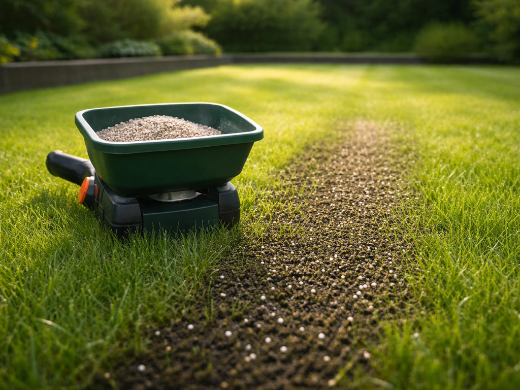 Groen gazon in Nederland met mestkorrels en een strooier op de voorgrond, rustig en gezond resultaat.
