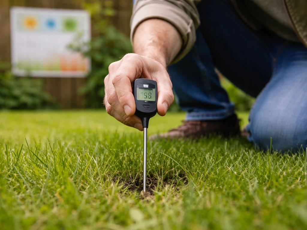 Iemand meet met een bodemthermometer de temperatuur in het gras; kalender/jaargetijde vaag op de achtergrond.