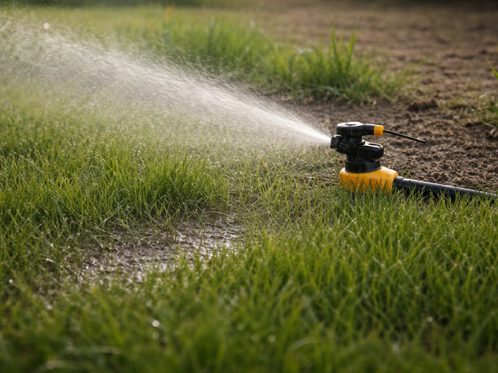 Sproeier die fijn water vernevelt over een gazon, met zichtbare gelijkmatige bevochtiging van de toplaag.