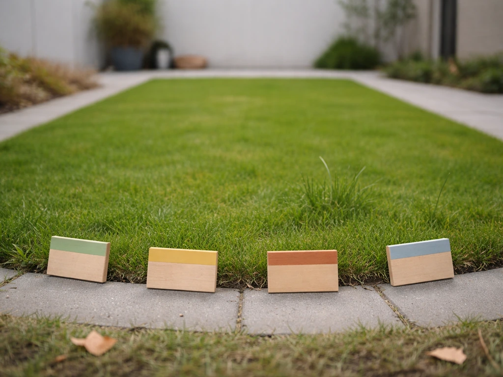 Minimalistische tuin met gras en vier seizoensmarkeringen rond een kalenderstijl: lente, zomer, herfst, winter