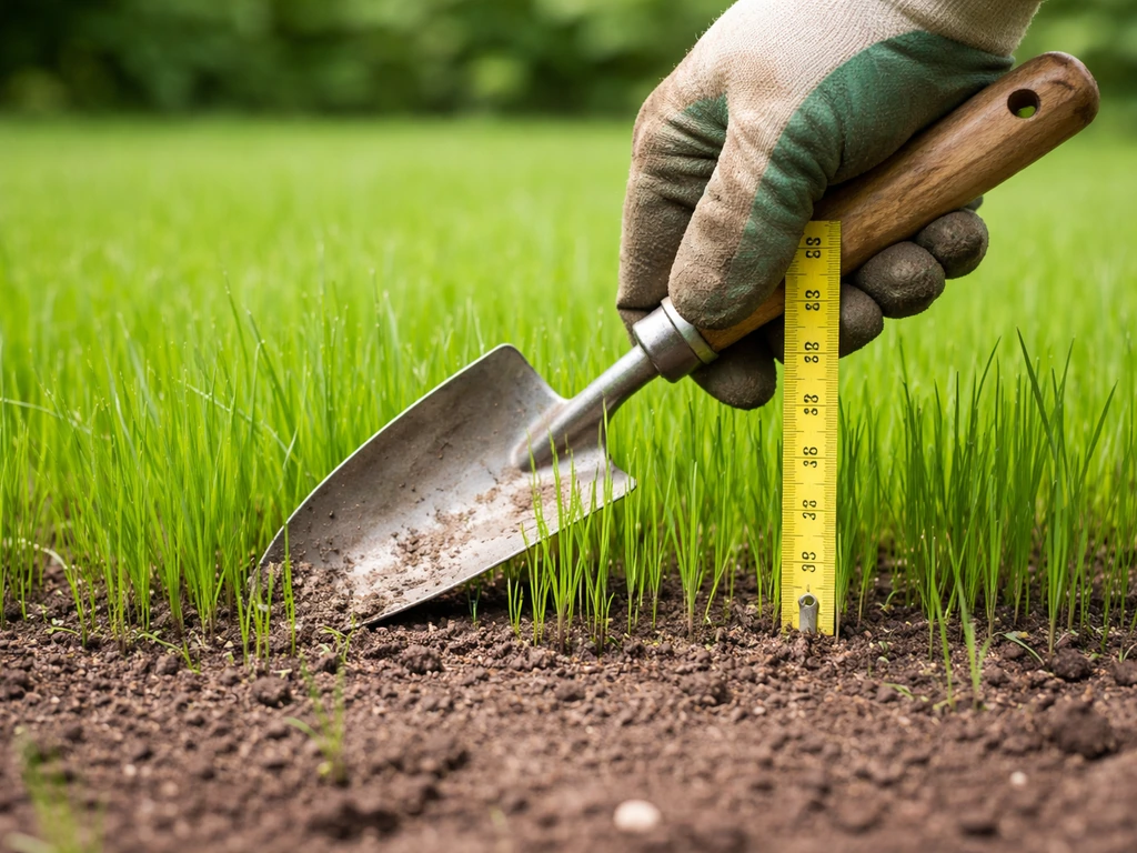 Hand met meetlint en handschepje naast nieuw ingezaaid gras van 8–10 cm hoog.