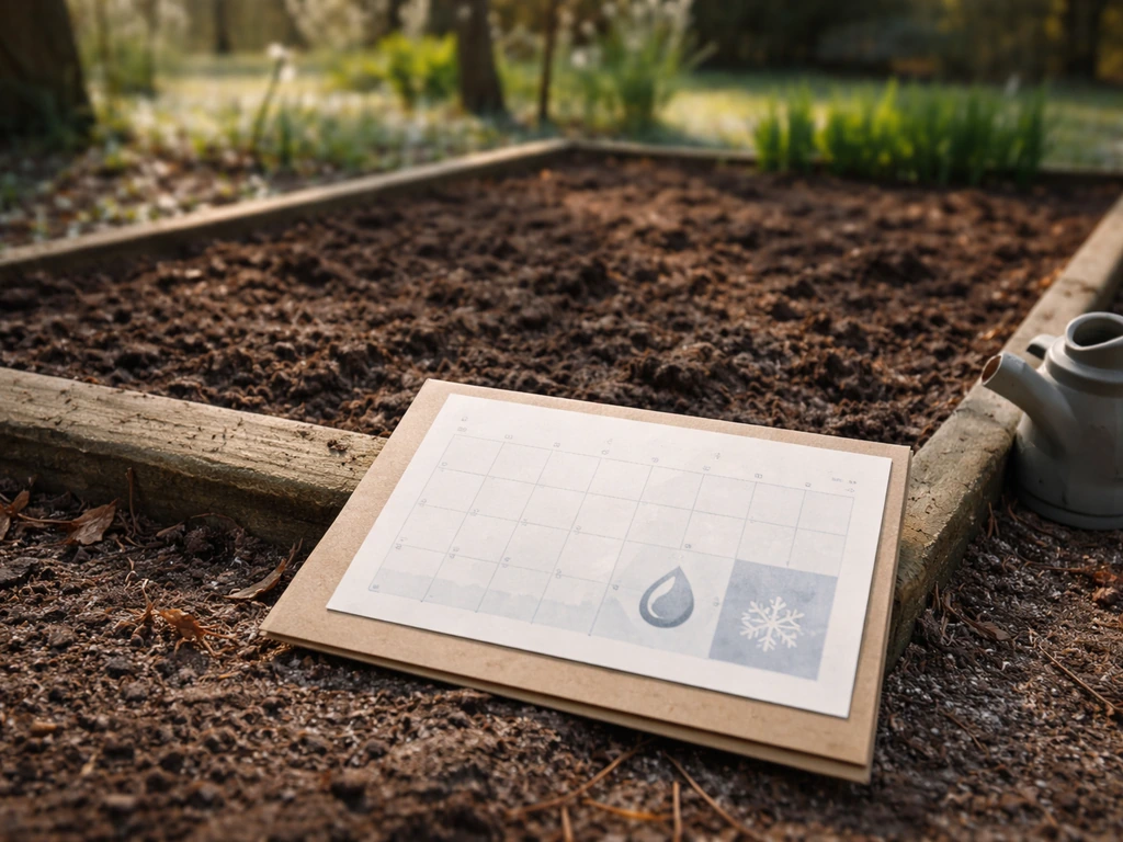 Minimalistische tuinkalender met lente en maandlabels op de achtergrond, bemesten als thema.