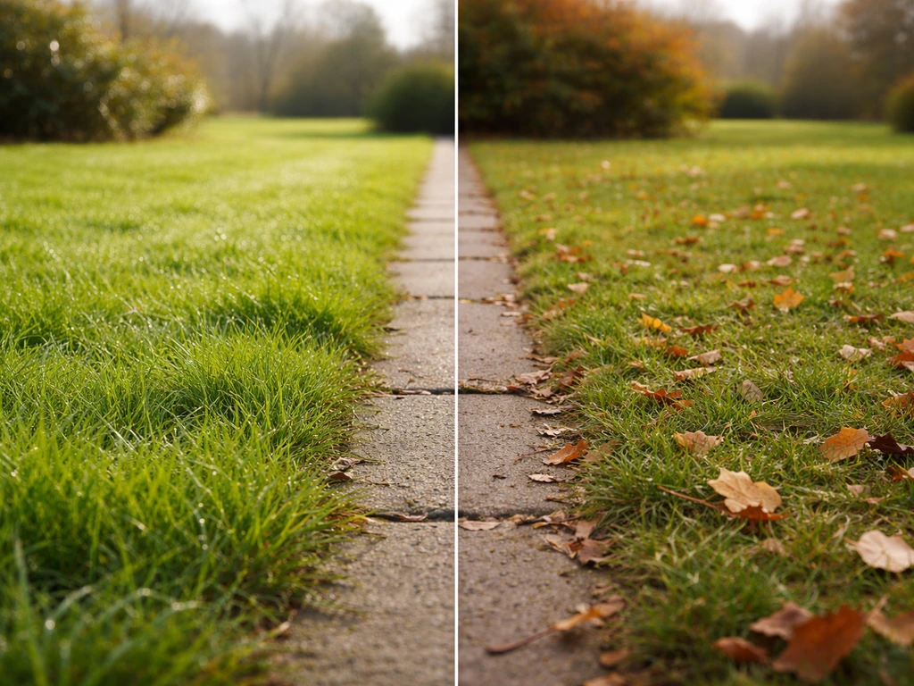 Twee naast elkaar liggende gazons: links licht op dooi/voorjaar, rechts koeler najaarsweer, minimalistische tuinsetting.