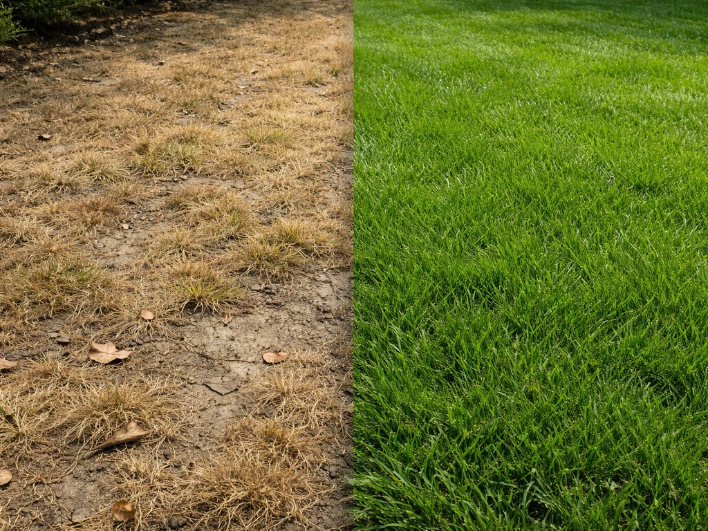 Contrasterend gazon: verdroogde bruine plekken naast gezond groen gras, in natuurlijk daglicht.