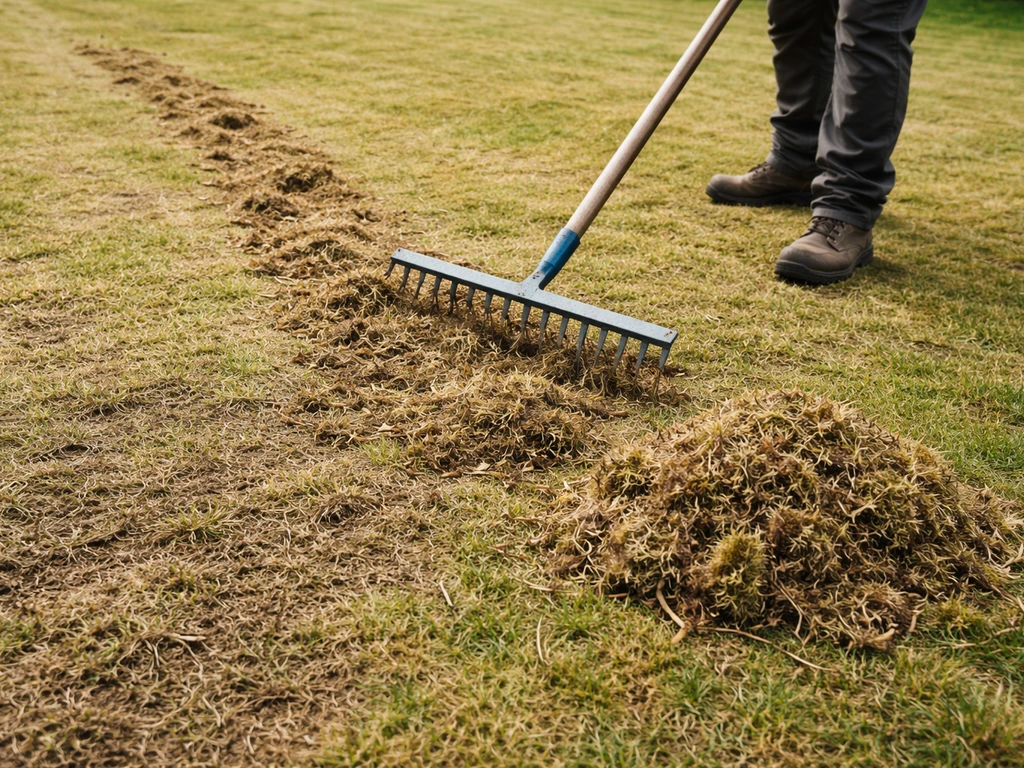 Persoon harkt net verticuteerd gazon; zichtbaar mos en vilt verzameld in harksporen en een hoopje.