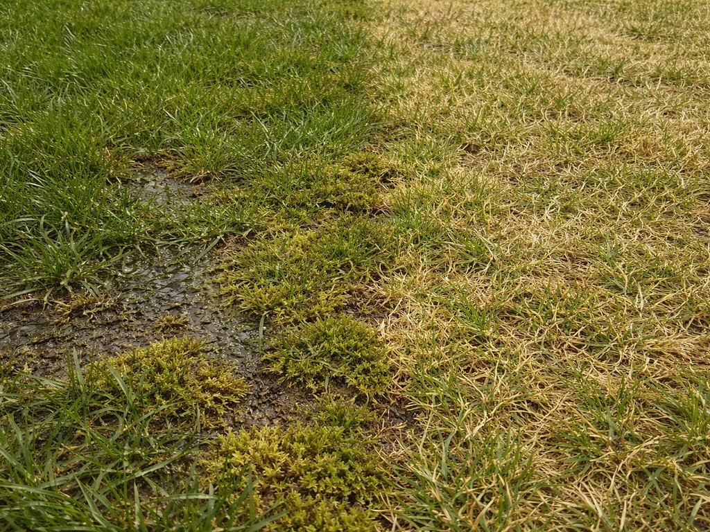 Gazon met zichtbare verschillen: links nat met mos/schimmelachtige plekken, rechts droger en uitgedroogd gras.