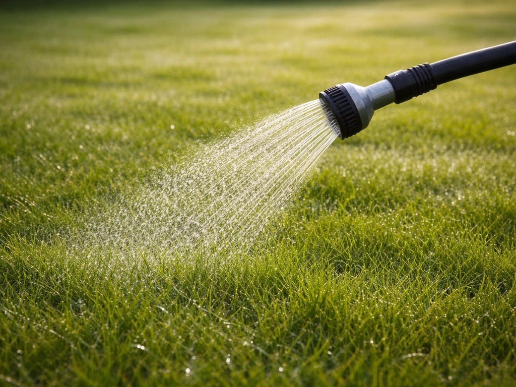 Tuinslang met sproeikop die in de vroege ochtend gelijkmatig het gazon besproeit