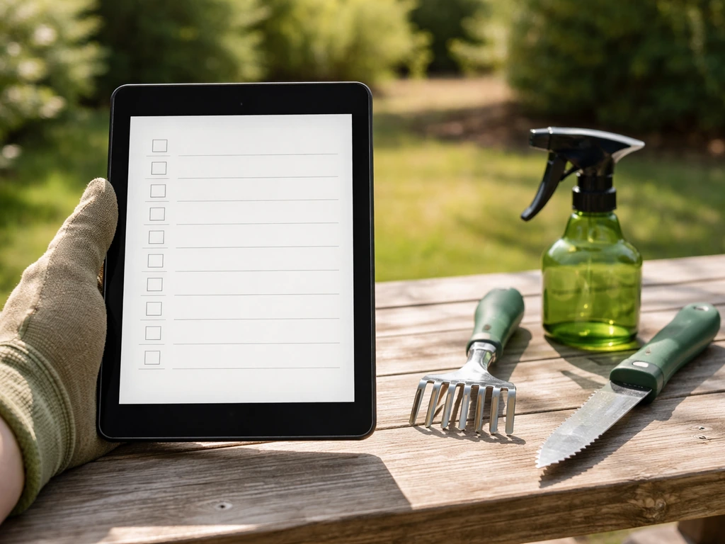 Tuinier die met tablet een seizoenschecklist bekijkt naast gras- en onderhoudsmiddelen op een terras