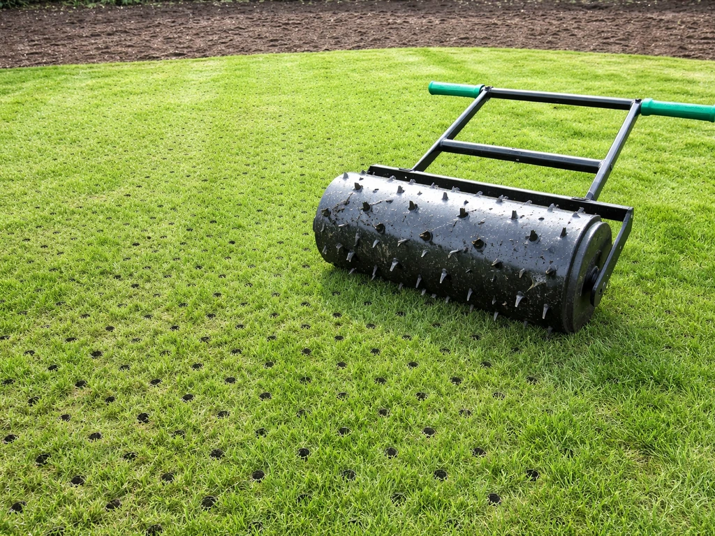 Gazon met vers beluchtingswerk: een beluchtingswals maakt direct prikgaten na het verticuteren.