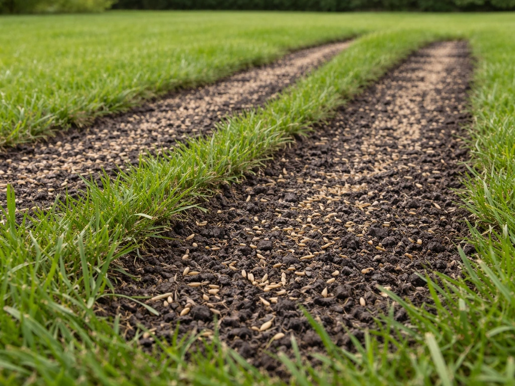 Close-up van bestaand gazon met zichtbare overgezaaide stroken en nieuwe graszaadjes op voorbereide toplaag.