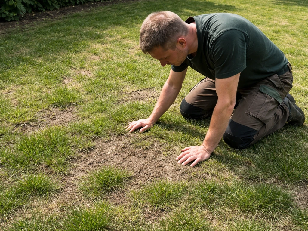 Tuinier knielt in het gazon en bekijkt kale plekken en verdichting van dichtbij.