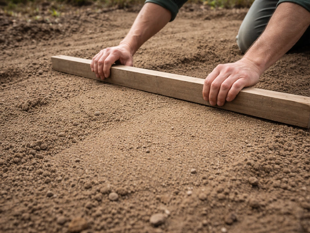 Tuinbed met kuiltjes wordt geëgaliseerd; zand-potgrondmengsel wordt met een plank vlak gestreken