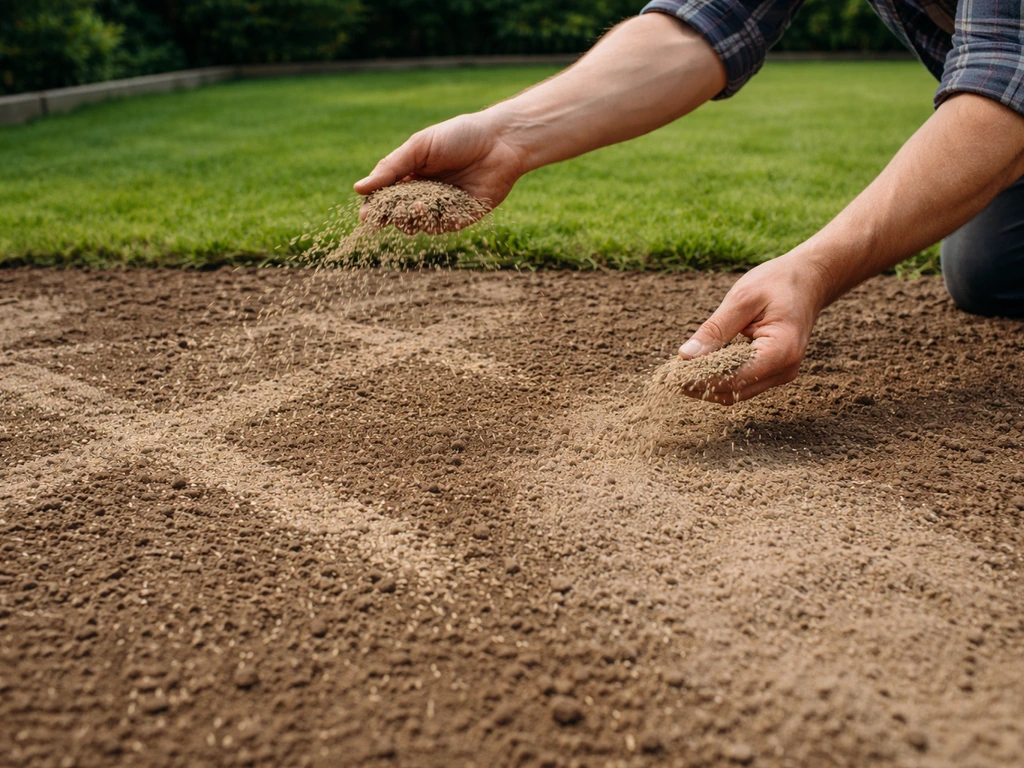 Twee gelijke porties graszaad kruiselings uitstrooien over een gazon, met zichtbaar ingezaaid gebied en lichte bedekking