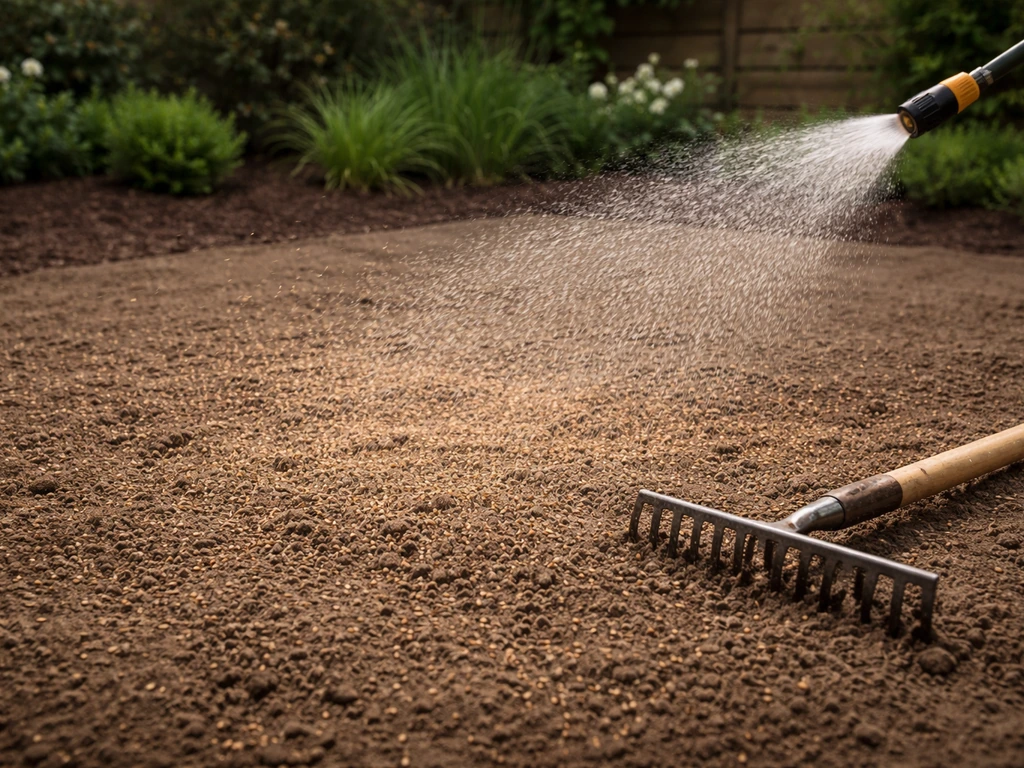 Egaliserende voorbereide tuin met zichtbare graszaadstrooibeweging en licht beregende grond voor gazon opnieuw inzaaien.