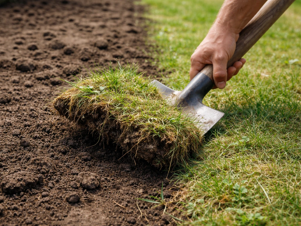 Anonieme handen steken met een spade oud gras en onkruid af in een te renoveren gazonstrook.