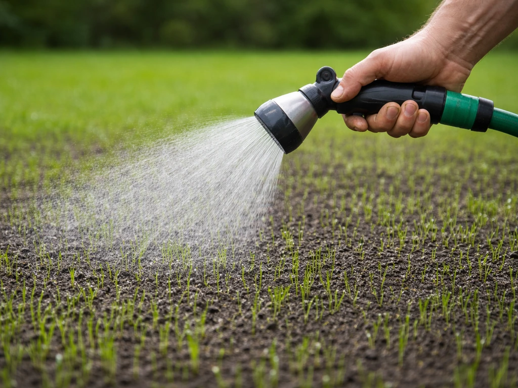 Fijn gesproeid water op vers ingezaaid gazon met een nevelkop, zonder wegspoelen