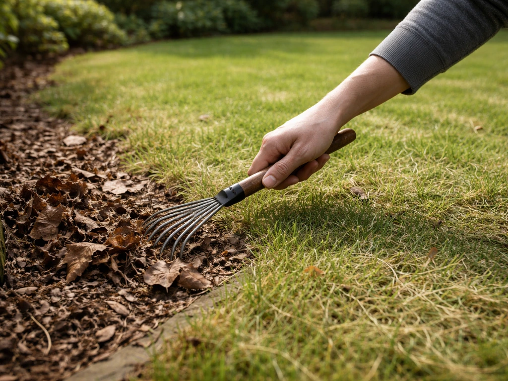 Voorjaar: tuinman schept maaisel en winterresten uit een hoek van het gazon, eerste maaibeurt en frisse groei.
