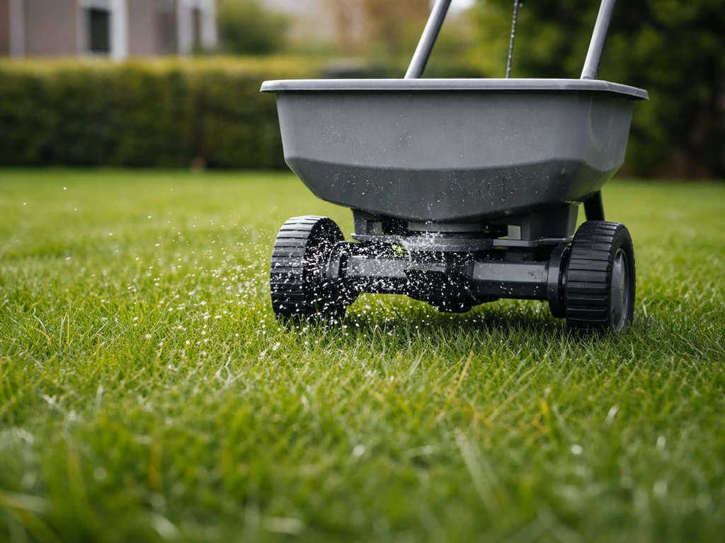 Voorjaarsgazon met strooikorrels die op groen gras vallen, met waterdruppels op de achtergrond.