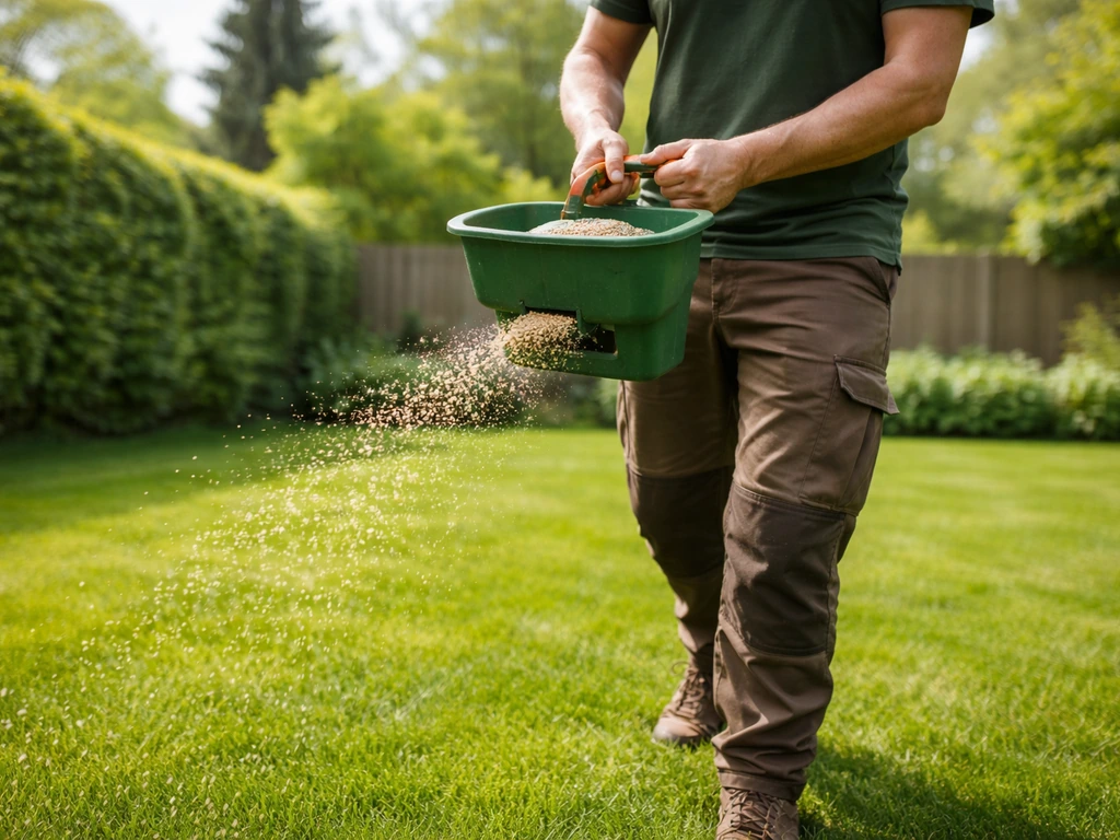Anonieme tuinman strooit gazonmest met een handstrooier op een groen Nederlands gazon in een rustige tuin.