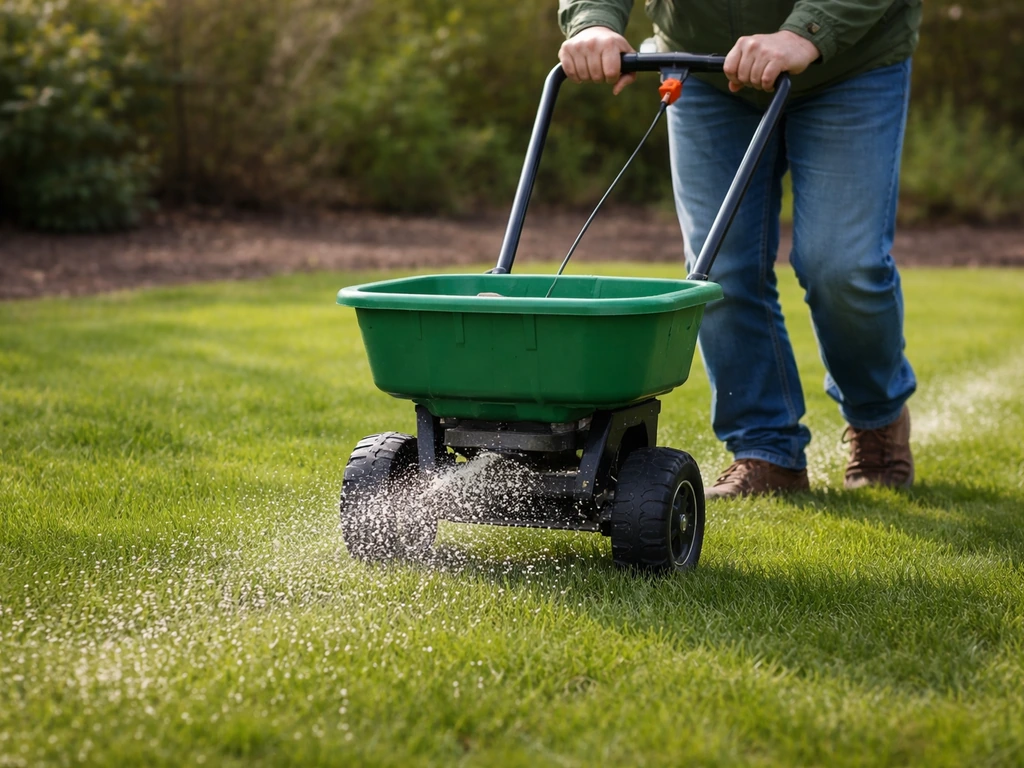 Tuinman strooit kalk in het vroege voorjaar over kort gemaaid gazon met zichtbare korrels op het gras.