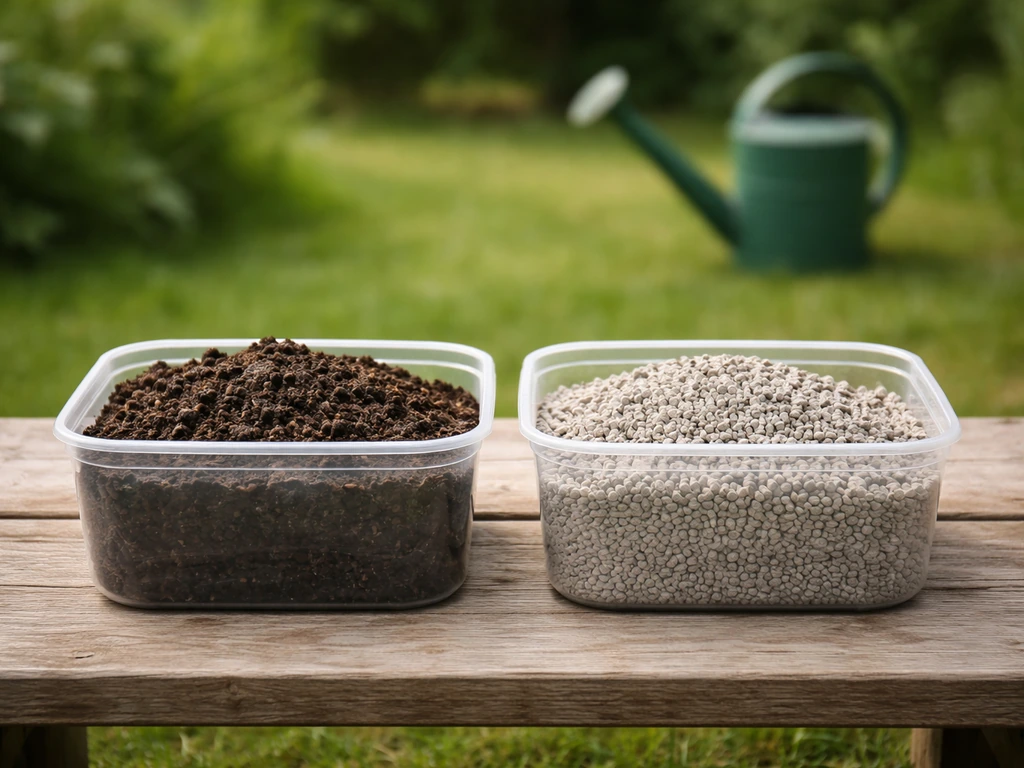 Twee bakjes met organische en minerale mestkorrels op een tuinbankje, bij daglicht.