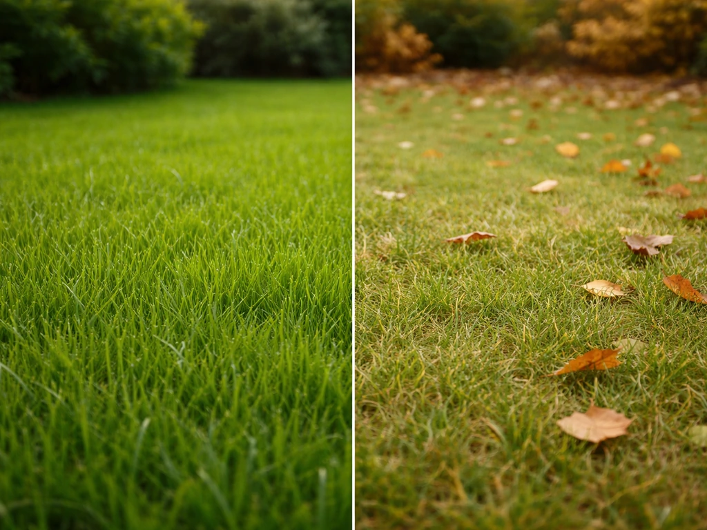 Twee delen gazon: fris groen in het voorjaar en licht verkleurde bladeren bij vroeg najaar, klaar om te doorzaaien.