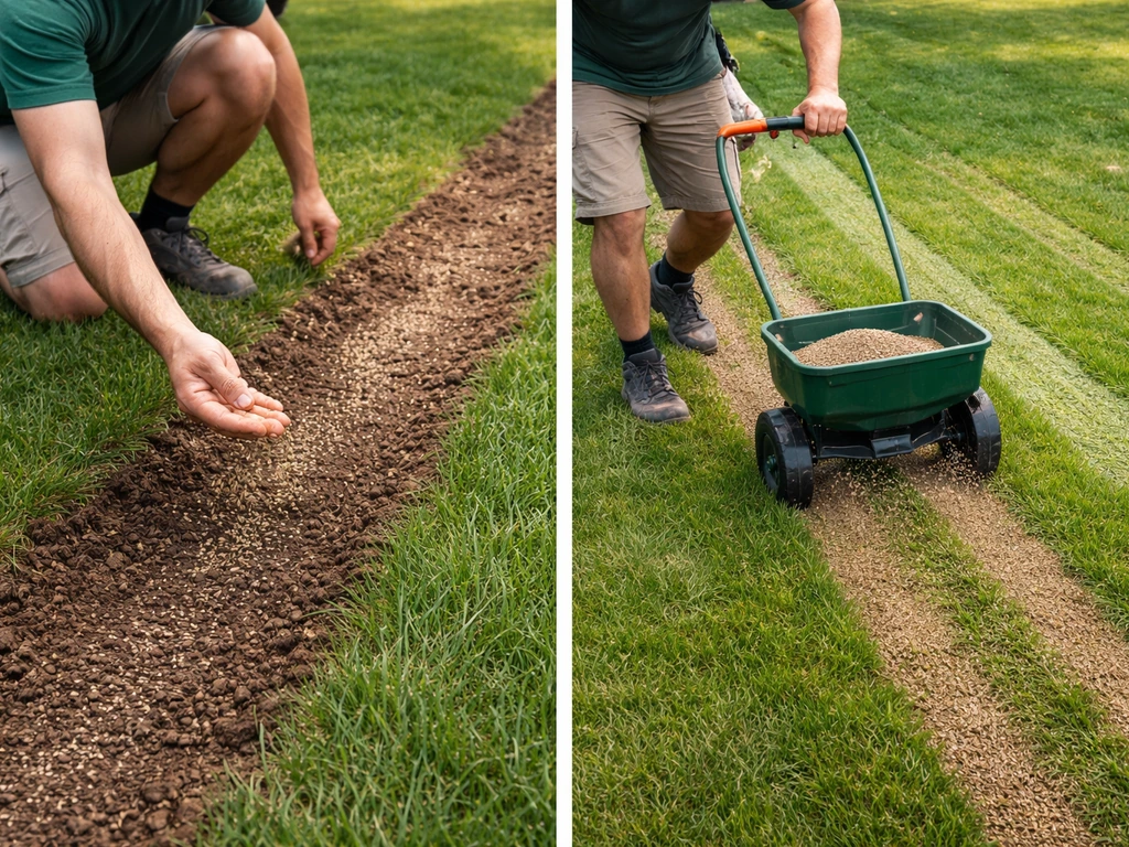 Links handmatig graszaad strooien, rechts met handstrooier, met duidelijke strepen in het gazon.
