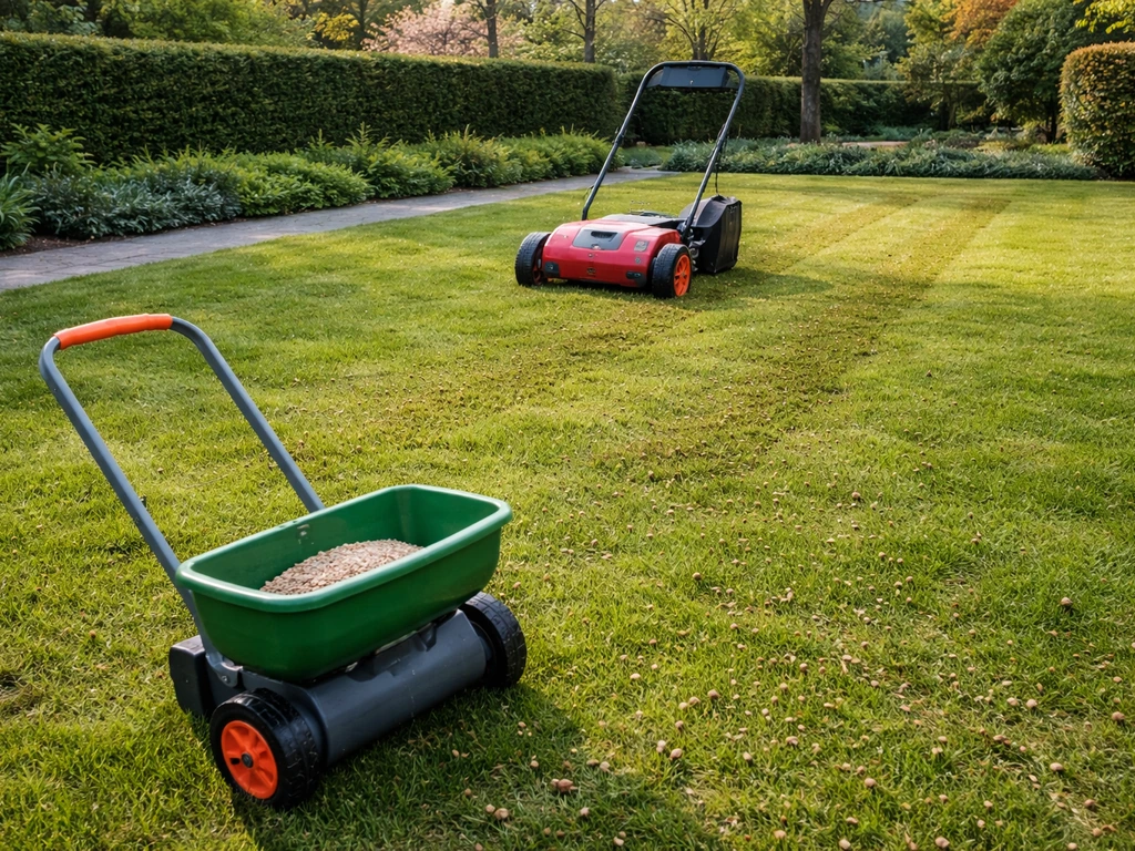 Verticuteerwerktuig rijdt over voorjaarsgazon; daarna ligt zaad zichtbaar met een strooier in de tuin.
