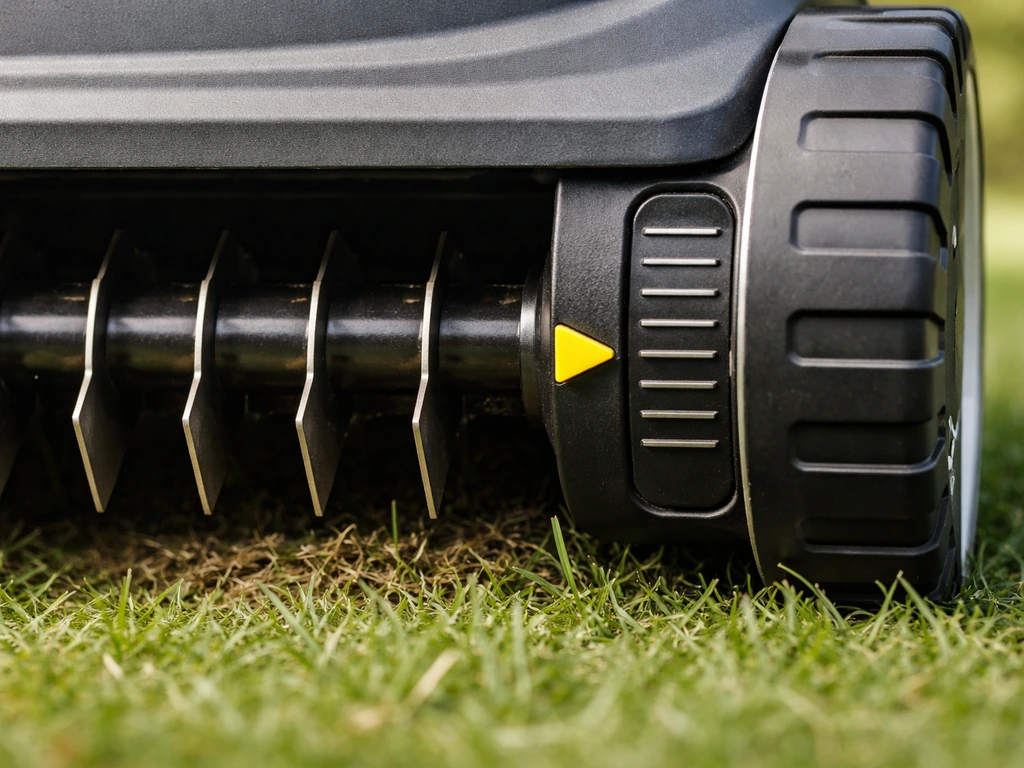 Verticuteermes met instelmaat van 2–3 mm en 3–5 mm op een kniescherm bij een gazon