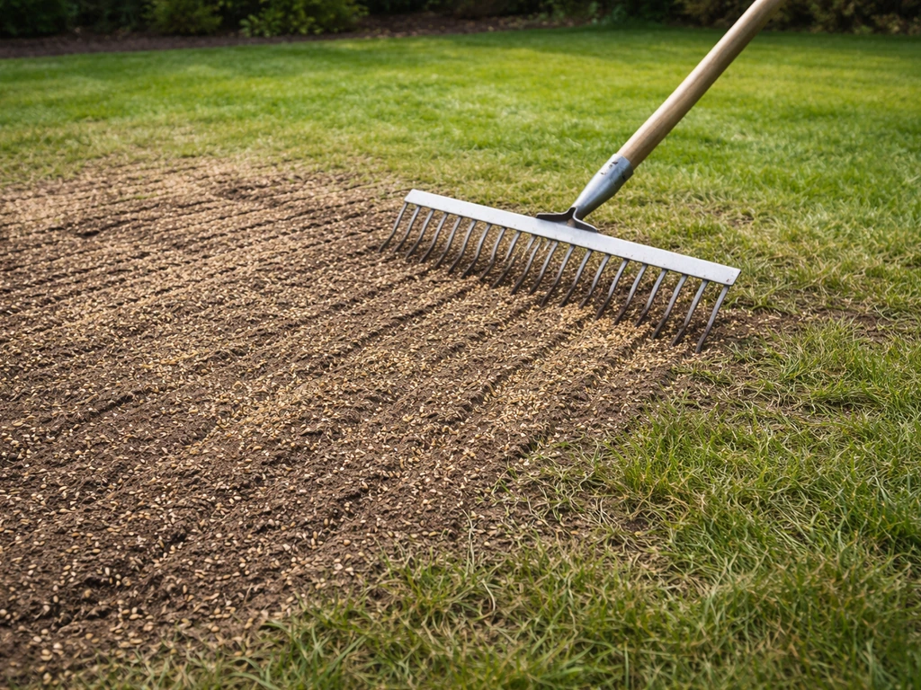 Groene tuin met vers ingewerkt graszaad: breedwerpig gestrooid en licht ingeharkt tot op de bodem.