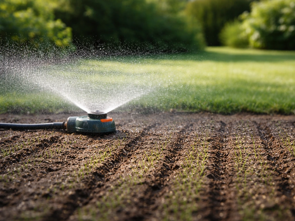 Fijnnevel sproeier die vers ingezaaid graszaad gelijkmatig vochtig houdt zonder plassen in een tuin