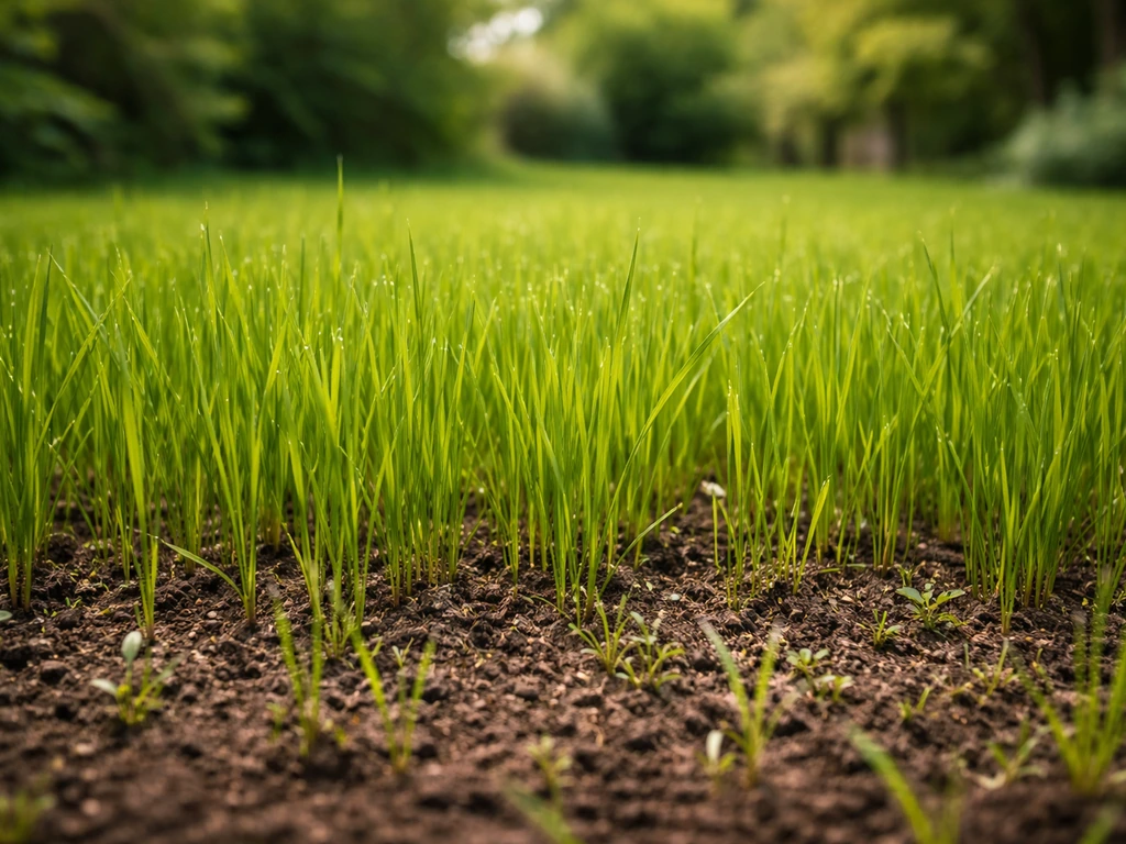 Gezond ingezaaid gazon in opkomst met gras van ongeveer 8–10 cm als focus, in natuurlijk daglicht.