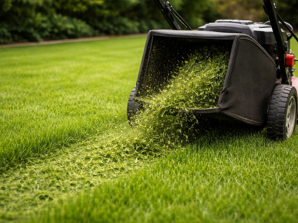 Nieuwe gazonmaai-situatie: maaimachine met opvangzak vangt maaisel op, jong gras blijft schoon en luchtig.