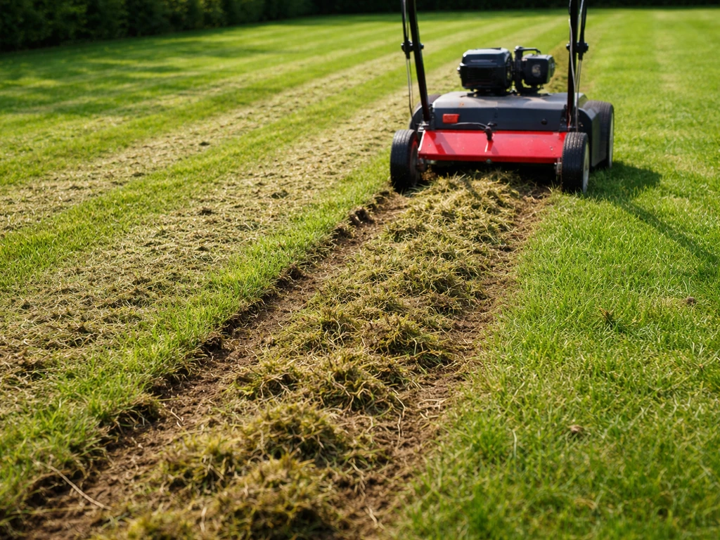Een verticuteermachine snijdt vervilting en mos los in een gazon, met duidelijke stroken gras die open liggen.