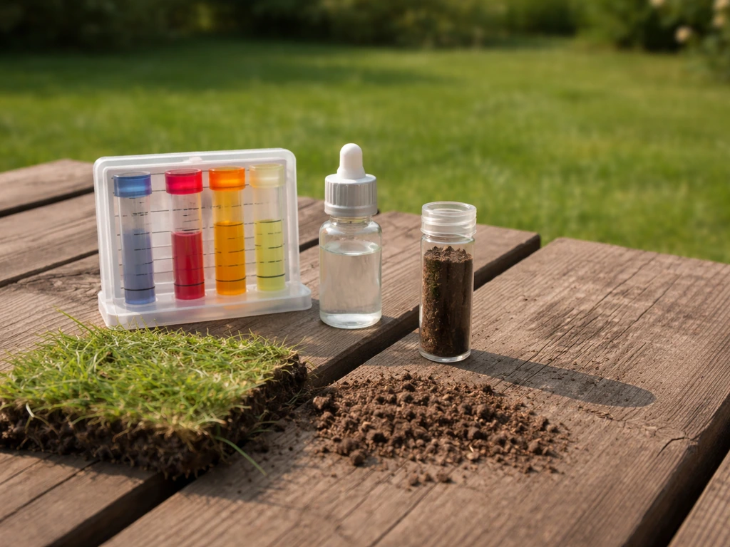 Bodem pH-testkit en aarde op een houten tuintafel naast een stukje gazon.