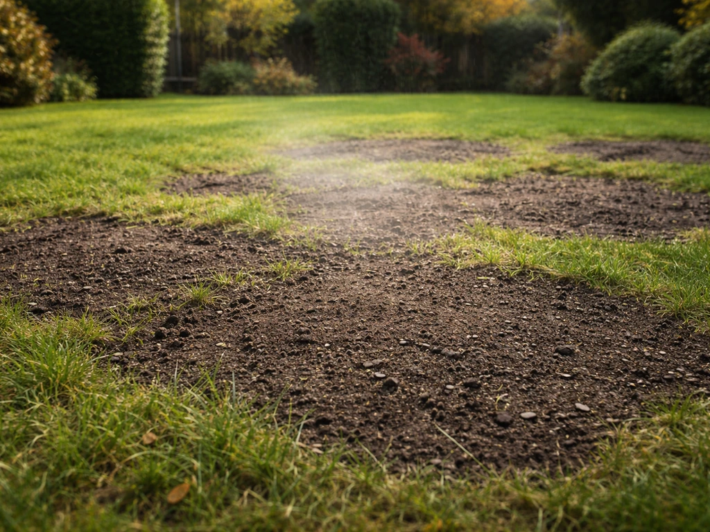 Vers doorgezaaide kale plekken in het gazon met licht vochtige toplaag en subtiele besproeiing richting herfst.