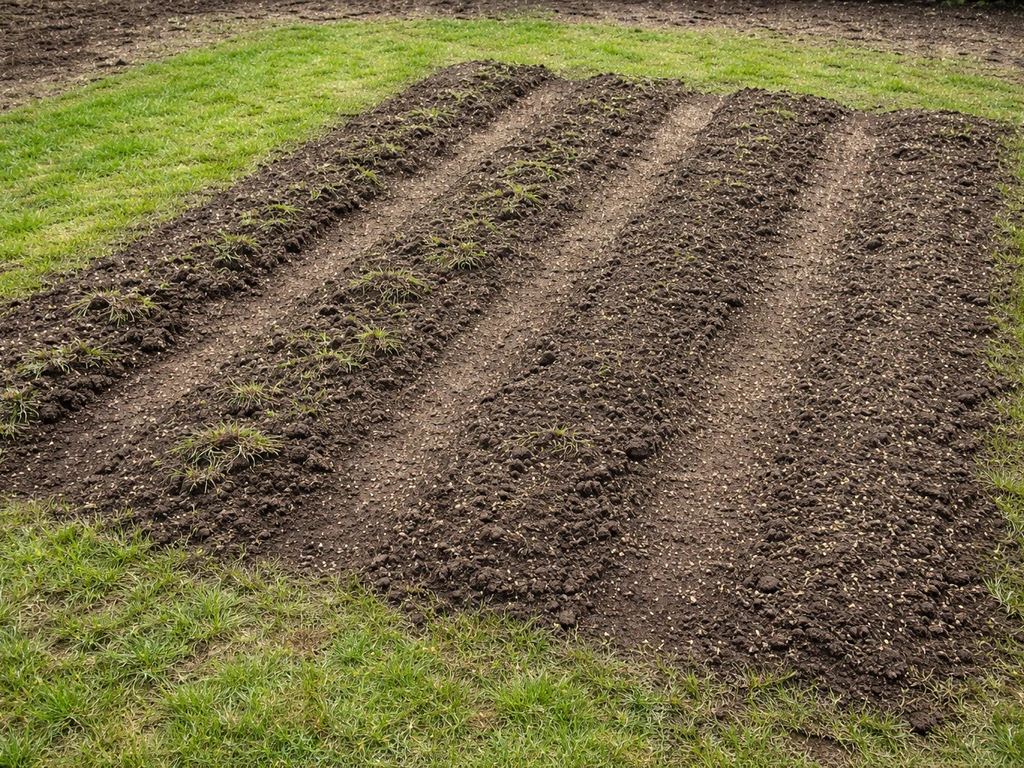 Bovenaanzicht van een gazon met losgemaakte stroken en graszaad dat wordt uitgestrooid voor herinzaai.