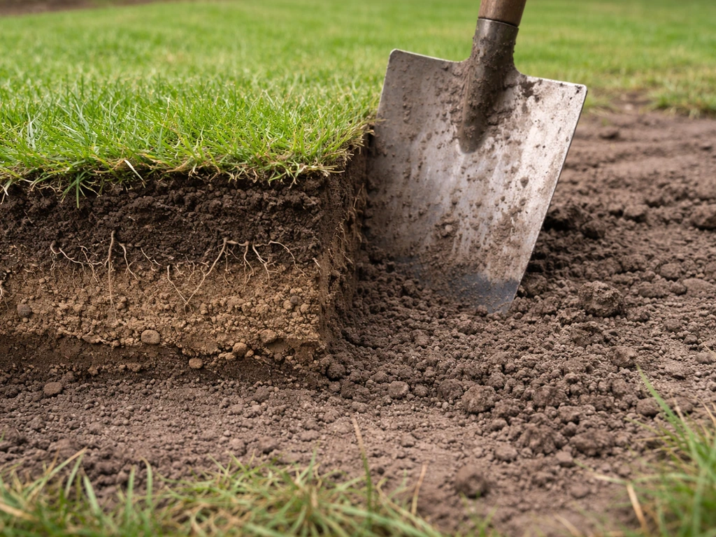 Close-up van een schep in de grond met zicht op de wortelzone en bodemstructuur onder een stukje gras.