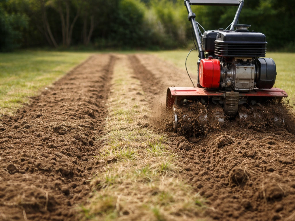 Tuin-/grondfrees die banen freest in een gazon, werkdiepte rond 5–8 cm met losse grond zichtbaar.