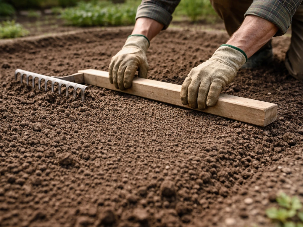 Tuinier egaliseert losgemaakte grond met hark en egalisatierol voor een vlak zaadbed