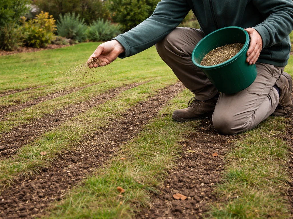 Anonieme tuinier die (herfst)mest en graszaad strooit op geverticuleerde kale stroken gazon.