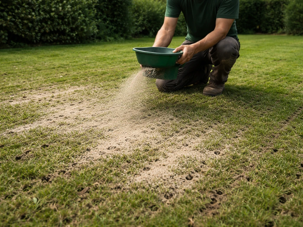 Anonieme tuinmedewerker strooit een dun zandlaagje in opengewerkt gazon na verticuteren.