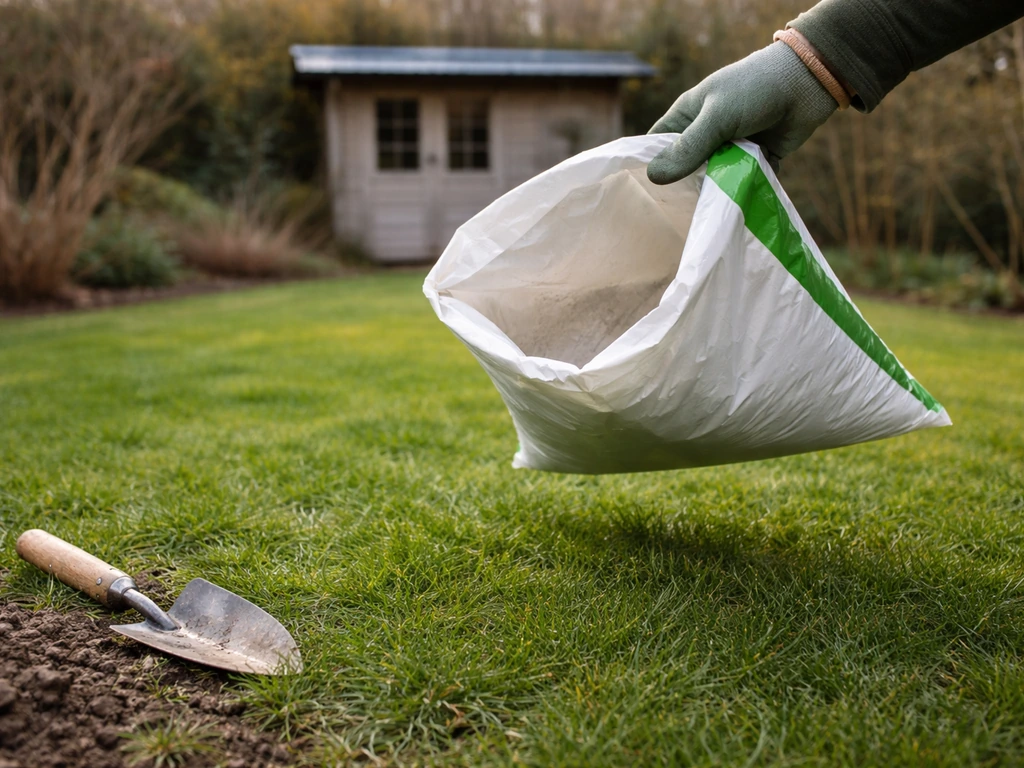 Tuinmanier: gazon met open zak mest en een handschop in een rustige Nederlandse tuin, seizoensgevoel.