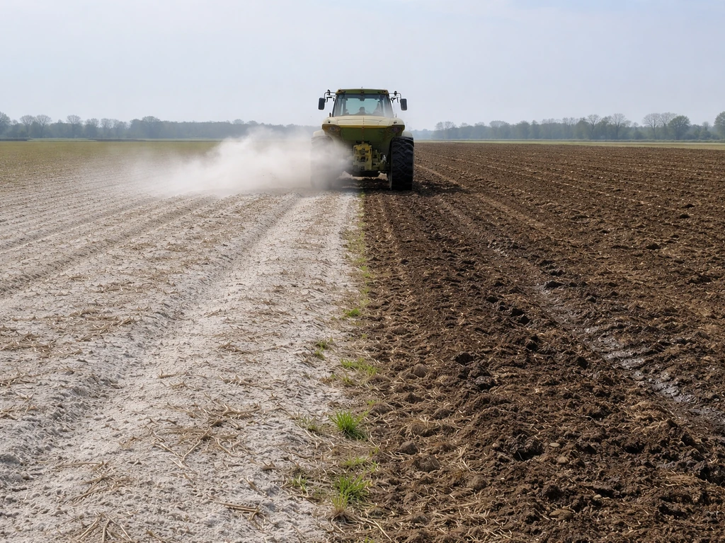 Twee momenten van landbouwstrooien: eerst kalk op akker, daarna na wachttijd mest, zichtbaar gescheiden.