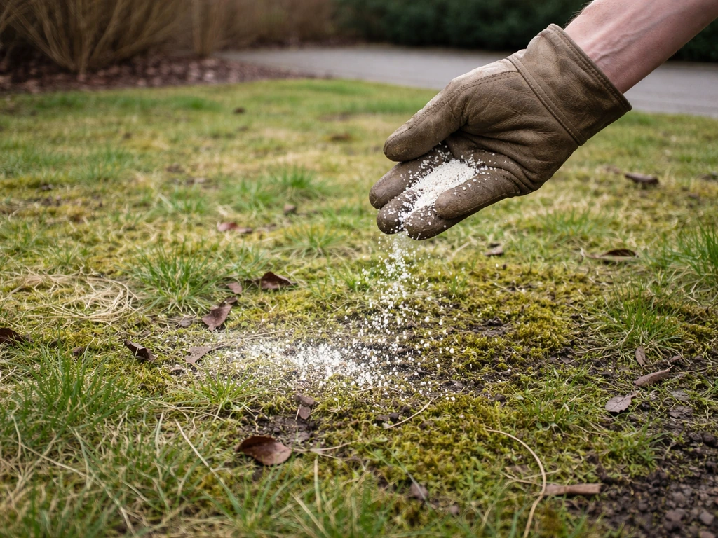 Hand strooit kalk over een mosrijk, verdunnend gazon in het vroege voorjaar, tuin op de achtergrond.