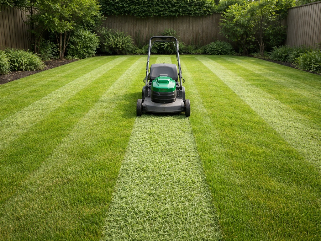 Tuinier maait een gelijkmatig droog gazon in banen met een grasmaaier in een rustige achtertuin.
